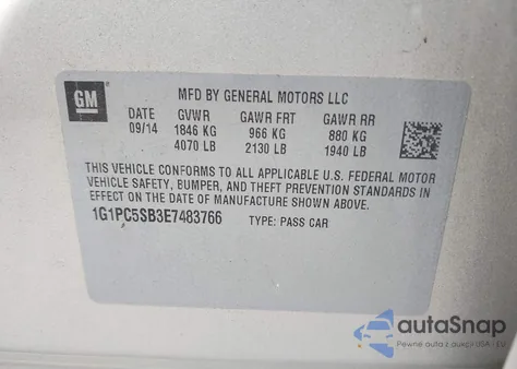 2014 Chevrolet Cruze 1Lt Auto z USA, uszkodzony, nr VIN 1G1PC5SB3E7483766